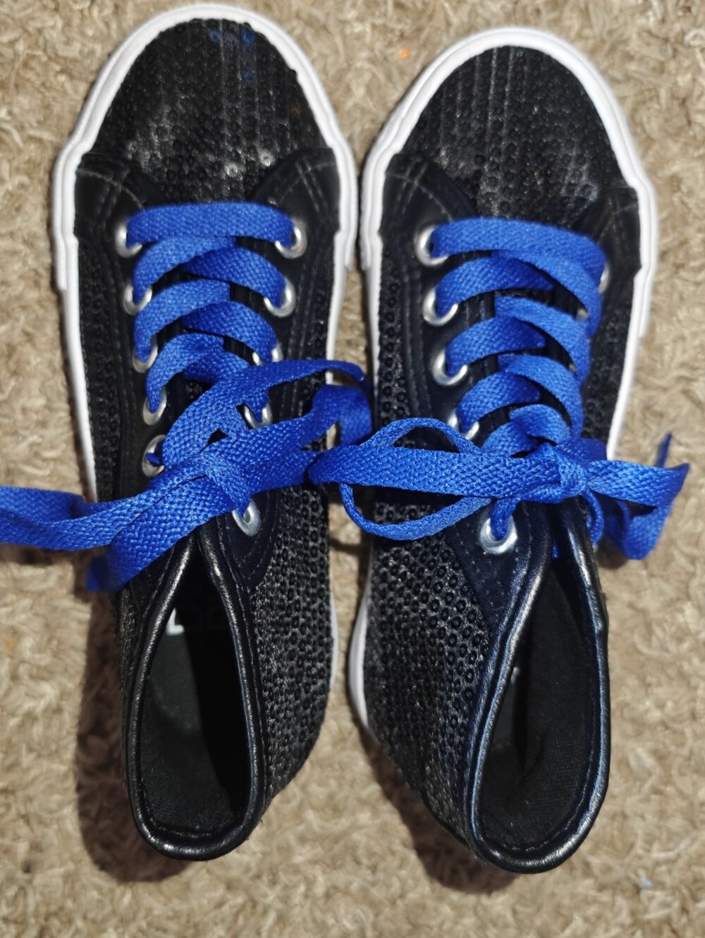 Double Platinum Kids Black Sequined High-Top Sneakers with Blue Laces